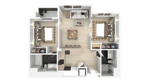 A 3D floor plan of a house with a kitchen, living room, and two bedrooms.